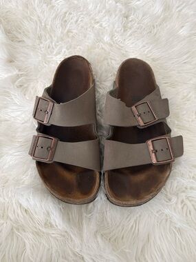 Birkenstock Taupe Two-Strap Sandals with Copper Buckles